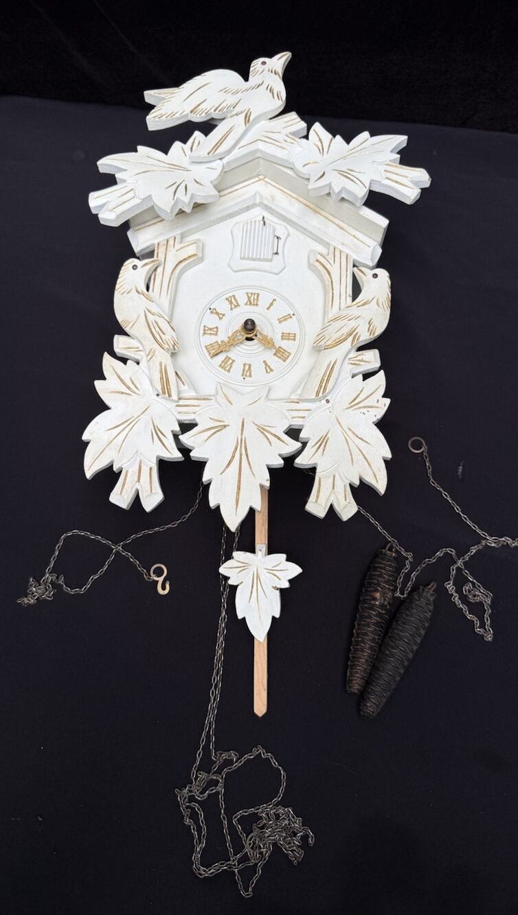 Vintage Made In Germany Cuckoo Clock Black Forest Style Wood Bird and Leaves